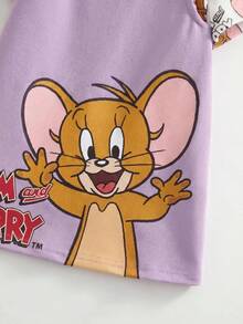 TOM & JERRY X SHEIN 女嬰卡通印花T恤與鈕扣背帶褲套裝 - 紫色 - 查看 6