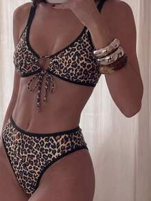 SHEIN Swim Spring Break Women Beachwear Sets - New Leopard Print Fashion Halter Tie Front Split Bikini Set For Women, Summer Outfits - Multicolor - View 1