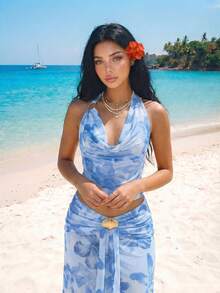 Sweetina 性感花卉印花不對稱金屬裝飾女款背心上衣，適合度假 - 淺藍色 - 查看 3