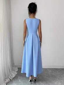 Elenzga Women's Fashion New Sleeveless V-Neck Big Bow Decor Zipper Knee-Length Elegant Dress, Suitable For Daily Wear, Date, Party, Back To School, Birthday, Valentine's Day, Graduation, Banquet - Blue - View 2