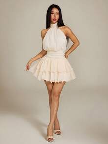 Vivamere Women's Fashion Versatile Elegant Pleated Halter Neck Ruffle Hem Dress,Petite Women Party Cream White Summer - Beige - View 6