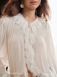 Revavyn Women's Blouse Loose Fit Bubble Sleeve Lightweight Textured Lace V-Neck Ruffle Spliced Edge Front Pleated Detail Elegant Romantic Bohemian White Solid - White - View 1