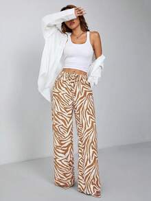 SHEIN PETITE 女款時尚動物印花斑馬紋寬腿褲 - 卡其色 - 查看 3