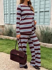 Lyckli Maternity Round Neck Striped Pattern Long Sleeve T-Shirt And Long Pants Casual Soft Form 2 Pieces Set Autumn Dates Vacation Gender Reveal Burgundy - Multicolor - View 7