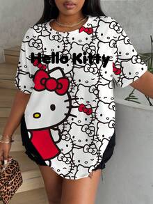 HELLO KITTY AND FRIENDS | SHEIN 大尺碼夏季休閒卡通印花T恤 - 白色 - 查看 4