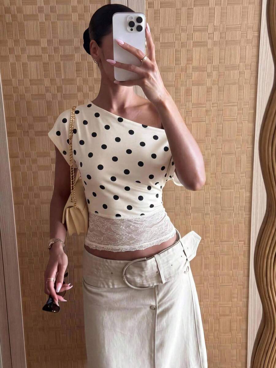 Lumalex 女款單肩波點對比蕾絲上衣