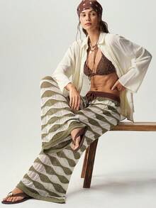Bohemela Vintage Hollow Out Solid Color Water Ripple Knit Long Pants - Olive Green - View 4