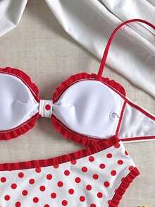 Swim Mod Setelan Baju Renang Wanita: Atasan Model Bandeau Berkerut Motif Polkadot dan Bawahan Bikini Segitiga Berkerut Pinggang Tinggi - MultiWarna - View 5