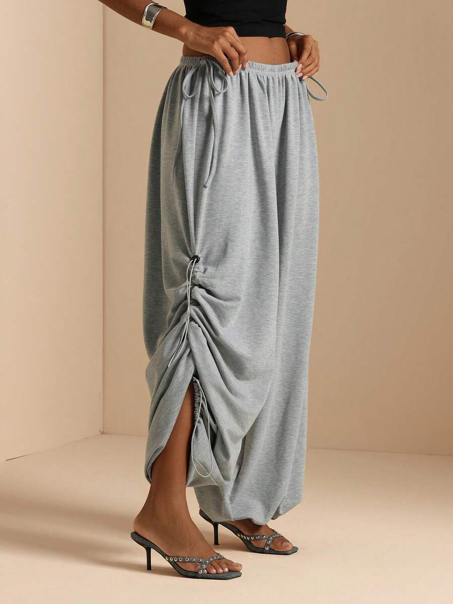 SHEIN Veneréa 休閒寬鬆垂墜灰色抽繩長褲 - 淺灰色 - 查看 1