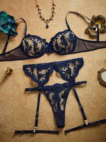 PinupPomp Conjunto de 4 piezas de lencería sexy azul para mujer - Azul Marino - Ver 3