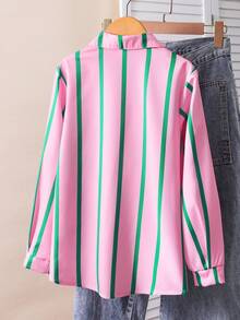 SHEIN Genkimix Kids 女童 Y2K 甜美風條紋經典鈕扣襯衫，適合日常穿著或上學，返校校服，可搭配牛仔褲、裙子和細肩帶背心 - 粉色 - 查看 2