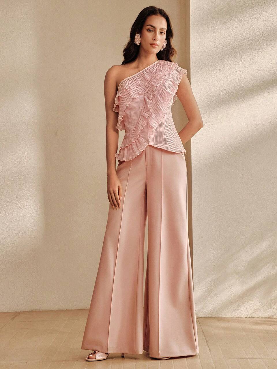 Women's Summer One-Shoulder Ruffle Pink Sleeveless Blouse