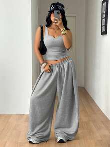 Coolane Women's Plus Size Summer Fall Streetwear Casual Going Out Gym Sport Basic Stretchy Comfortable Notched Tank Tops And Baggy Elastic Waistband - Light Grey - View 6