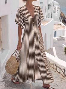 Louniche Women's White And Brown Base Polka Dot V-Neck Cinched Waist A-Line Button-Down Dress With Button Decor Hem Slit Elastic Back Waist Lantern Sleeves - Brown - View 1