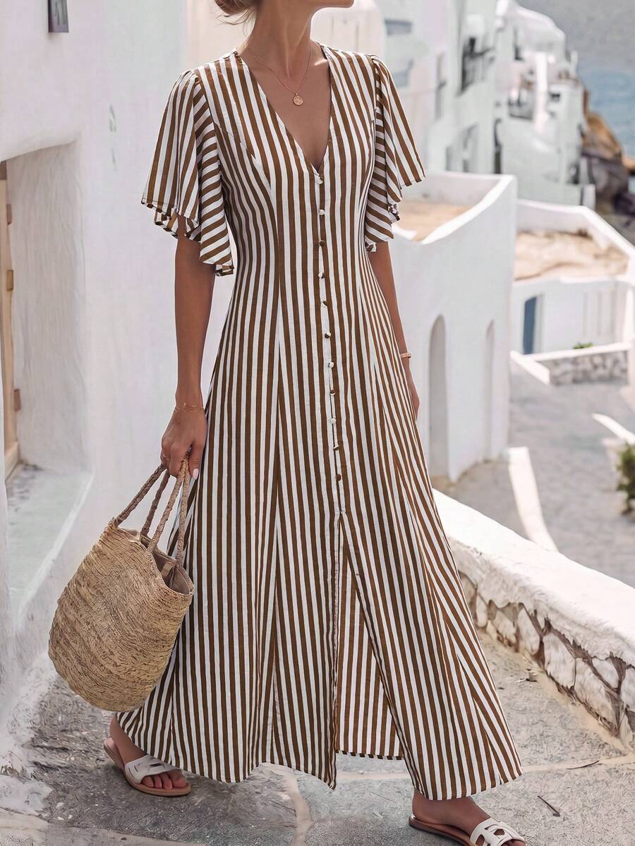 Louniche Women's White And Brown Base Polka Dot V-Neck Cinched Waist A-Line Button-Down Dress With Button Decor Hem Slit Elastic Back Waist Lantern Sleeves - Brown - View 1