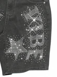 Manfinity EMRG Shorts de mezclilla negra lavada con estilo hip-hop callejero y estrella de strass para hombres - Gris - Ver 3