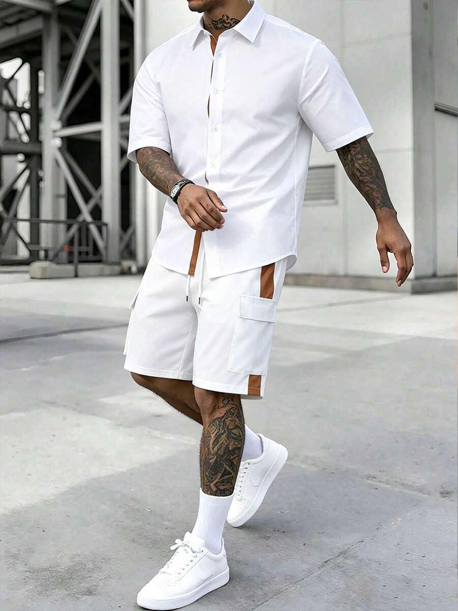 Manfinity CasualCool 男士多色拼接布料白色拼接襯衫套裝,春夏成熟休閒短袖襯衫與短褲套裝,適合儀式場合 - 彩色 - 查看 1