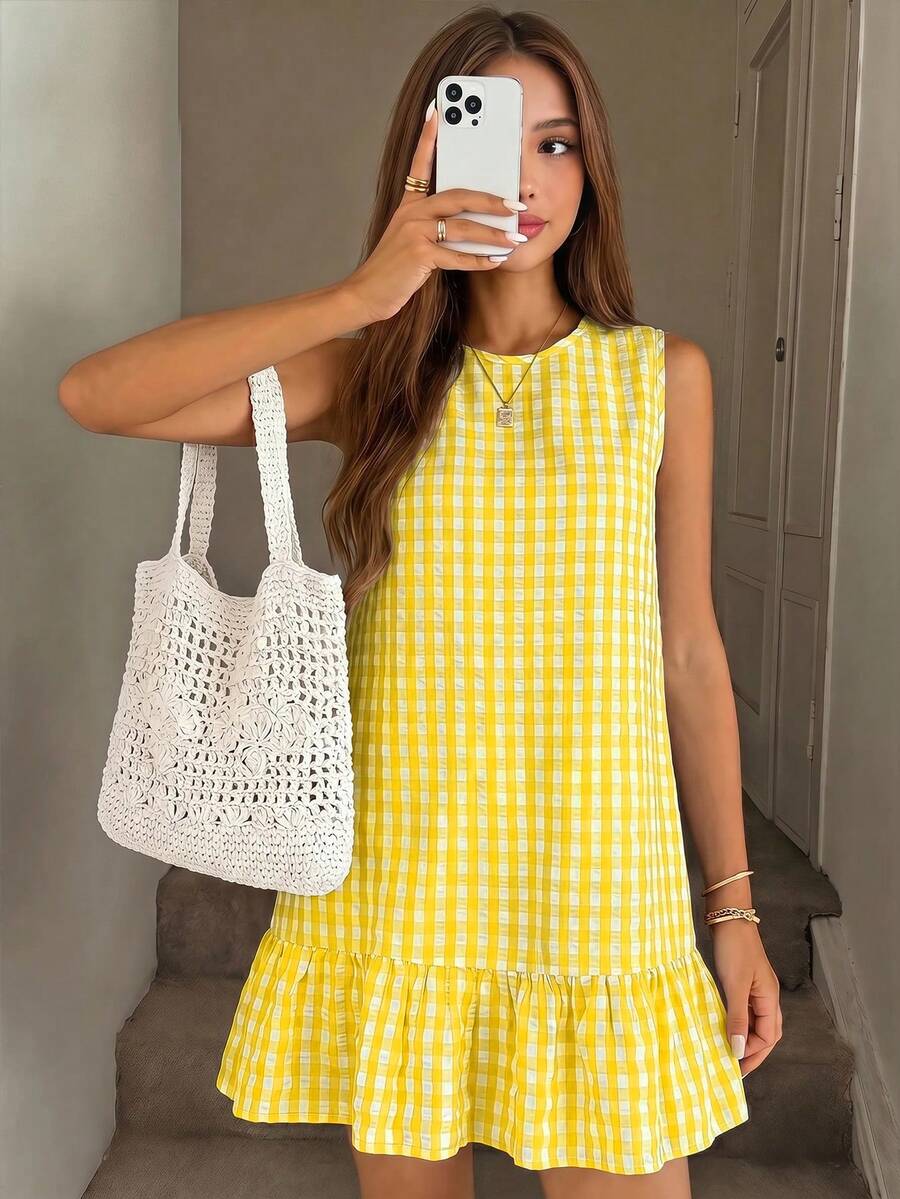 SHEIN Teen Girl Teen Girls Dresses, Casual Vacation Spring/Summer Fashion Cute Round Neck Yellow & White Plaid Loose A-Line Patchwork Ruffle Sleeveless Doll Dress - Yellow - View 1