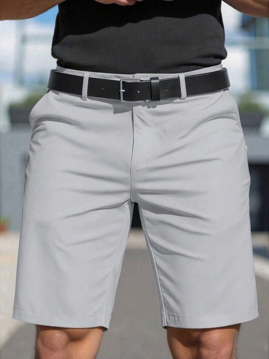 Manfinity Mode Pantalones cortos casuales de unicolor, de corte slim y elegante para hombres, pantalones cortos para el Día de San Valentín - Gris Claro - Ver 1