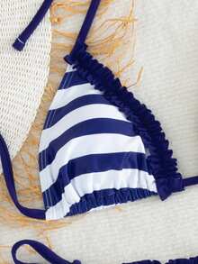 Swim Mod 2件組夏季新款綠色花卉印花性感露背掛脖綁帶女款泳衣套裝 - 藏蓝色 - 查看 4