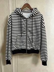 SHEIN x Carly Lawrence INAWLY 女款抽繩連帽拉鍊休閒百搭日常長袖運動衫 - 黑色 - 查看 3