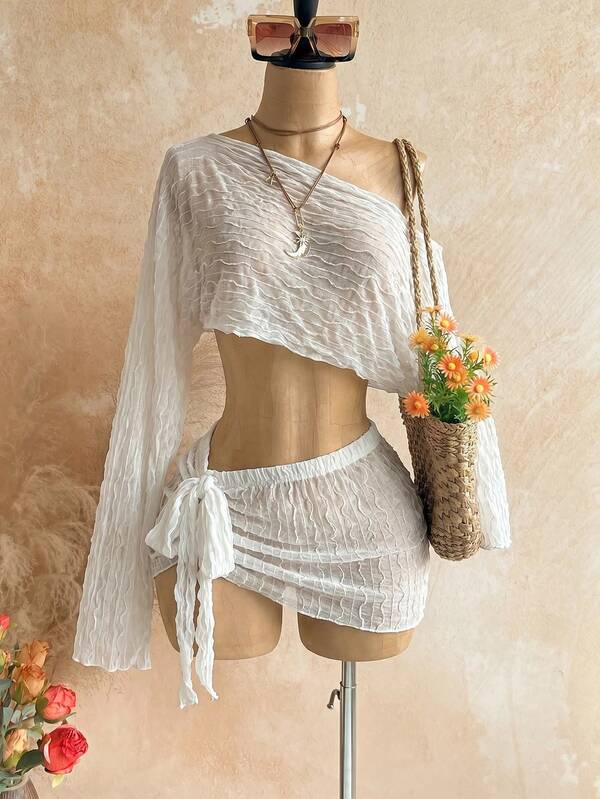 Soleia Women's Vacation Beach Vacation Solid Color Asymmetric Neck Cropped Top And Mini Skirt 2 Pieces Set White Autumn Tropical