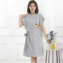 Women Thickened Coral Fleece Bath Robe, Cross Tie Long Sleeve Bath Dress, Soft Loungewear Robe With Towel For Bathroom Bedroom Living Room - Multicolor - View 2