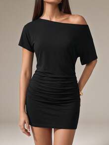 SHEIN PETITE Summer Asymmetric Neckline Dress/Summer Brown Short Dress Suitable For Party/Beach Vacation Dress/Summer Travel/Island Vacation Dress/Birthday Party Women's Dress ,Petite Women - Black - View 3