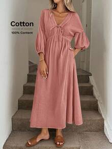 SHEIN LUNE V領蝴蝶結燈籠袖抓皺腰A字傘裙雙層克ريب棉布休閒寬鬆通勤老錢風女款長洋裝 - 紅木色 - 查看 4