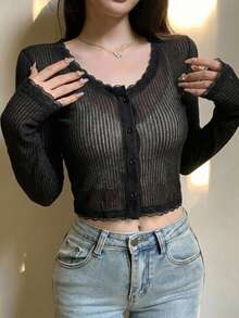 DAZY 女款秋季長袖黑色蕾絲飾邊拼接休閒短版開襟上衣 - 黑色 - 查看 7