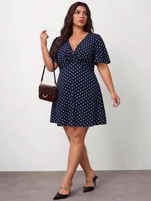 Enliva Vestido casual de vacaciones con estampado de lunares y nudo retorcido para tallas grandes - Azul - Ver 5