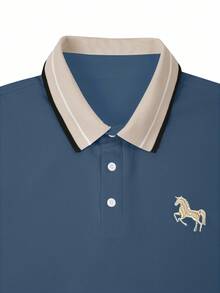 Calvornis Kemeja Polo Kasual Lengan Pendek Pria dengan Kerah Bergaris dan Bordir - Dusty Blue - View 5