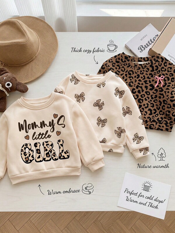 Serie de estampado de leopardo lindo, lazo mini, letra linda "la pequeña niña de mamá"❤, sudadera holgada de cuello redondo minimalista casual cómoda gruesa y suave para bebé niña, bebé con estilo
