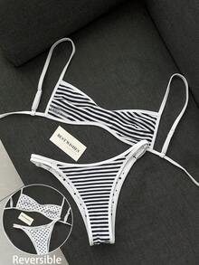 Swim Mod 女款海灘裝復古波點印花條紋印花可正反穿著微型比基尼抹胸式時尚休閒度假性感甜美可愛復古優雅泳衣兩件套 - 黑與白 - 查看 4