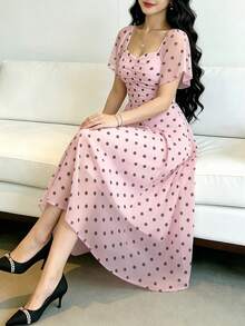 Modelyn 女款粉色圓點雪紡洋裝，夏季1960年代復古約會風，方領荷葉袖中長版長裙，收腰優雅度假日常穿搭 - 彩色 - 查看 1