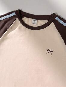 SHEIN Elladie kids 青少年女孩 T-shirt 套裝，運動風，粉色與深綠色拼色短袖 T-shirt 與短褲套裝，夏季寬鬆修身設計，輕量面料，適合日常穿著、休閒運動或搭配穿搭 - 彩色 - 查看 7