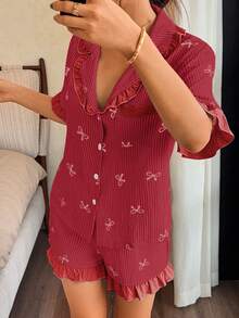 Napfluff Conjunto de pijama de mujer con estampado de rayas azules, lazos, patchwork, color contrastante, volantes, solapa y manga corta con pantalones cortos - Rojo - Ver 5