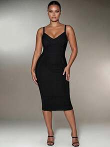Nuvra Bandage Fabric Slim Fit Sexy Mid-Length Design Proportion-Enhancing Banquet Style Plus Size Dress - Black - View 1
