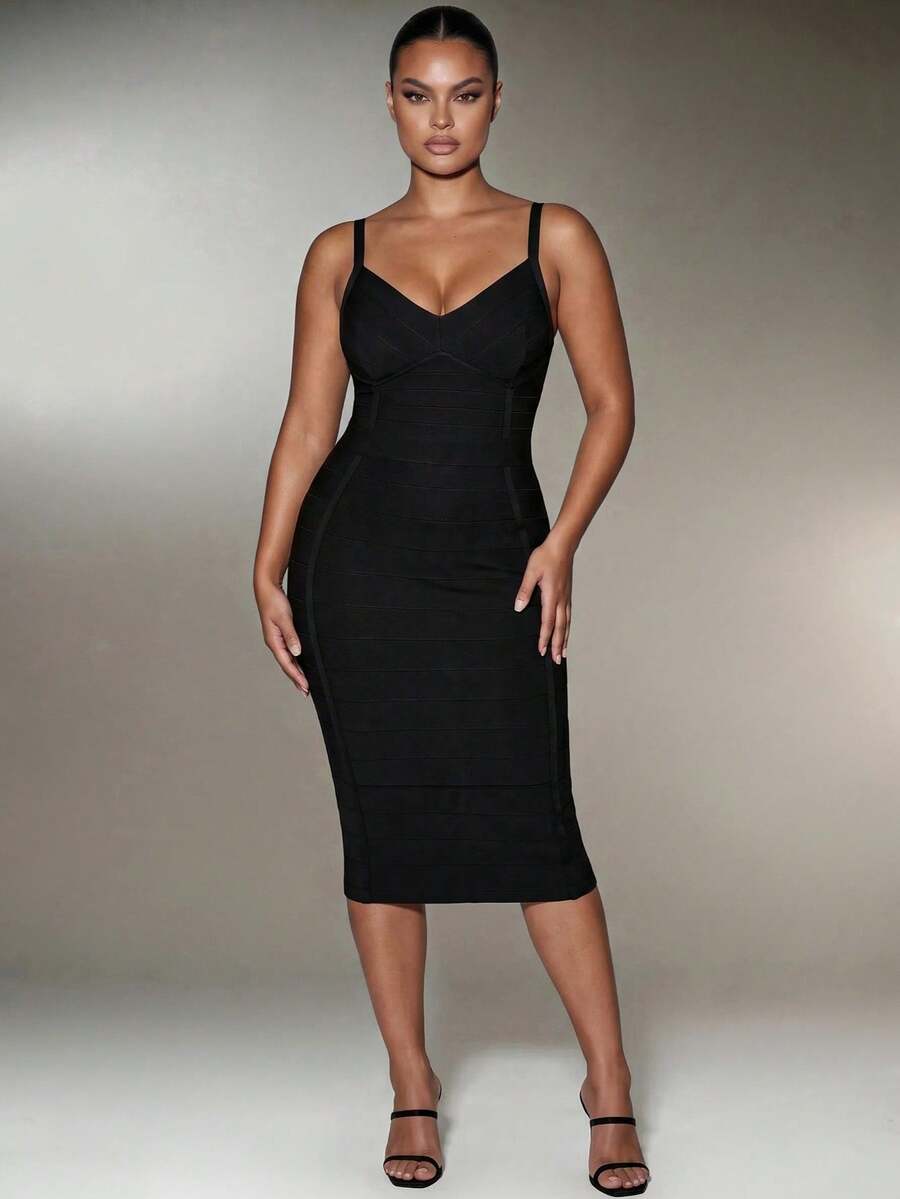 Nuvra Bandage Fabric Slim Fit Sexy Mid-Length Design Proportion-Enhancing Banquet Style Plus Size Dress - Black - View 1