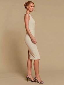 COSMINA Women's Elegant Striped Cinched Waist Mid-Length Dress, Versatile For Office, Commute And Everyday Wear, All Season - Apricot - View 5