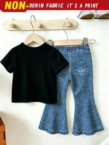 2件組女嬰韓式休閒套裝，蝴蝶刺繡圓領短袖上衣搭配水洗印花蝴蝶結喇叭長褲，輕薄輕量，適合春夏季及初秋外出、上學與日常穿著 - 彩色 - 查看 2
