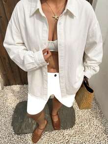 Dazy Plus Solid Color Casual Back Split Bowknot Loose Fit White Long Sleeve Plus Size Women Spring Summer Autumn Denim Shirt Vacation - White - View 6