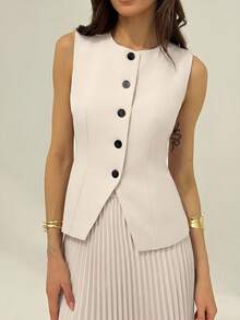 Aloruh Women's Elegant Commuter Solid Color Vest & Pleated Skirt Suit In Fall/Winter - Beige - View 4