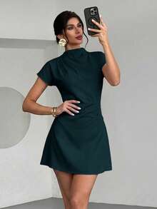 Aloruh Elegant Ruched Waist A-Line Mini Dress For Commuting, Summer,Summer Dresses For Women - Navy Blue - View 4
