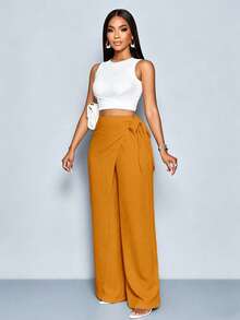 SOLERSUN Women's Linen-Like Belted High Waist Linen-Blend Tie Side Belted Wide Leg Pants - Brown - View 3