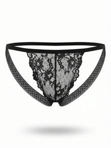 DrisQ DrisQ 1pc Men's Sexy Black Lace Trim Mid-Waist Backless Sexy Lace Patchwork Underwear - Black - View 5