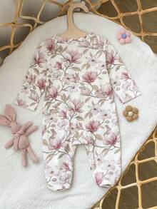SHEIN Newborn Baby Girl Cute Floral Print Knitted Soft Casual Kawaii Round Neck Long Sleeve Footed Romper, Valentine's Day Outfit Gift Light Pink Autumn - Multicolor - View 2