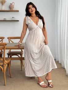 Enliva Plus-Size Sleeveless White Striped Midi Dress, Fashionable Boho Summer Vacation Casual Style. Beach - Apricot - View 8