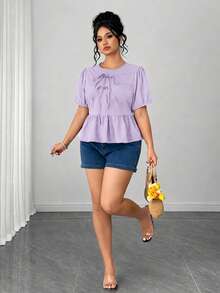 Elenzga Plus Size Women's Summer Solid Color Round Neck Puff Short Sleeve, Front Bow Tie, Short Ruffle Hem Blouse - Purple - View 5