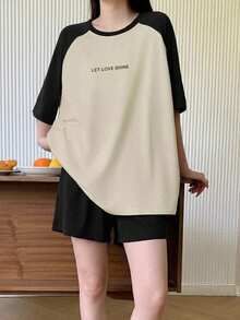 DAZY 女款字母印花插肩袖寬鬆短袖兩件式居家服套裝 夏季睡衣 - 米色 - 查看 5